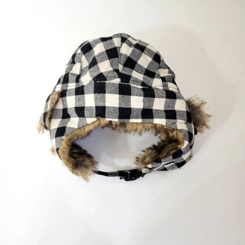 Black Check Flannel Hat with Flaps Faux Lined Cabincore - Picture 3 of 5